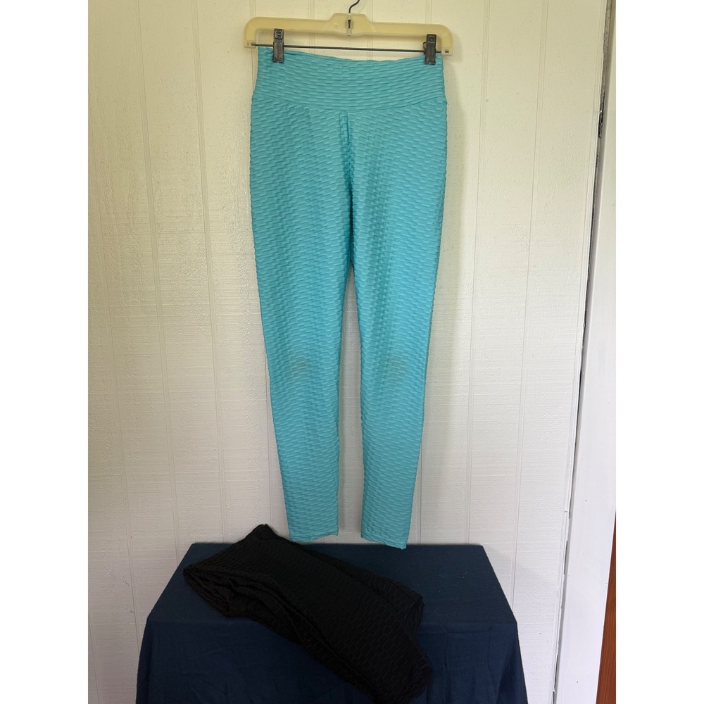 2 Pack Honeycomb Textured Scrunch Butt Leggings Black Turquoise Blue Size L